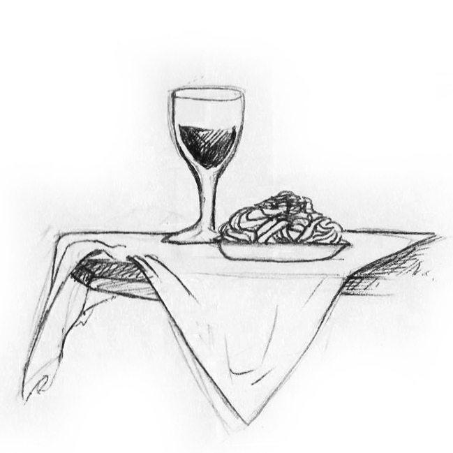disegno bianco e nero tavola imbandita bicchiere di vino